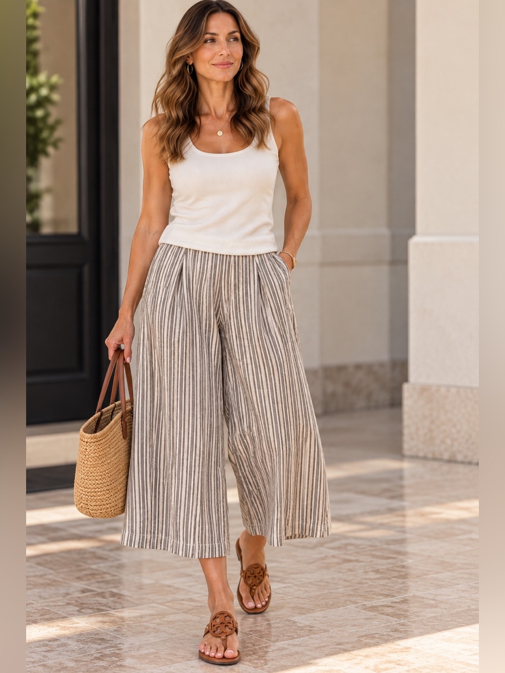 GAP Striped Linen Pants - White & Gray